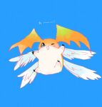  blue_background blue_eyes blush digimon digimon_(creature) full_body harikun0303 highres no_humans one_eye_closed open_mouth patamon simple_background smile solo wings 