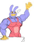 biceps big_muscles big_pecs bulge clothing gloves handwear hi_res huge_muscles humanoid hyenalattes jax_(the_amazing_digital_circus) lagomorph leporid male mammal muscular overalls pecs purple_body rabbit rabbit_ears simple_background solo the_amazing_digital_circus yellow_sclera