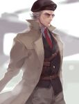  1boy belt beret blonde_hair blue_shirt blurry blurry_background coat collarbone facial_hair hat holster kazuhira_miller male_focus metal_gear_(series) metal_gear_solid_v mugikoma necktie open_clothes open_coat realistic red_neckwear shirt short_hair solo stubble sunglasses 