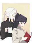  2girls black_hair black_sweater book border brown_background brown_shirt coffee_mug commentary_request cup hair_intakes hand_on_another&#039;s_shoulder hao02909434040 highres holding holding_book holding_cup indoors kiratto_pri_chan long_hair long_sleeves luluna_(pri_chan) mug multiple_girls open_mouth orange_eyes ponytail pretty_series reading shirt sidelocks smile solulu sweater turtleneck upper_body white_border white_hair 
