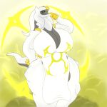  1:1 alphaandrenew arceus big_breasts breasts cleavage clothed clothing female hand_on_hip hi_res huge_breasts legendary_pok&eacute;mon nintendo pok&eacute;mon pok&eacute;mon_(species) solo thick_thighs video_games wide_hips 