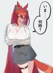  1girl acaa alternate_costume animal_ears arm_under_breasts belt bow breasts cleavage collarbone daiwa_scarlet_(umamusume) fang hair_between_eyes hair_bow hair_intakes highres horse_ears horse_girl horse_tail large_breasts long_hair looking_at_viewer open_mouth red_eyes shirt shorts simple_background solo tail translation_request umamusume very_long_hair white_background 