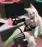  1girl absurdres animal_ears asymmetrical_legwear bare_shoulders black_cat black_leotard bodystocking breasts cat cleavage closed_mouth commission curvy dazey_(vtuber) fox_ears fox_girl fox_tail green_hair highres indie_virtual_youtuber indoors keyboard_(computer) kiek_qaq large_breasts leotard looking_at_viewer mismatched_legwear monitor multicolored_hair off_shoulder on_chair pink_eyes pixiv_commission shirt sitting table tail thigh_strap thighhighs two-tone_hair virtual_youtuber webcam white_hair white_shirt 