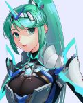  1girl :d aqua_eyes aqua_hair armor asagi_(banzoku210) breasts circlet cleavage core_crystal_(xenoblade) grey_background highres large_breasts long_hair pneuma_(xenoblade) simple_background smile solo swept_bangs upper_body very_long_hair xenoblade_chronicles_(series) xenoblade_chronicles_2 