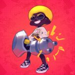  1boy absurdres afro commentary dark-skinned_male dark_skin full_body gun highres holding holding_gun holding_weapon inkumochi male_focus nautilus_(splatoon) octoling octoling_boy octoling_player_character print_shirt red_background shirt short_hair smile solo splatoon_(series) splatoon_3 standing sunglasses teeth very_dark_skin weapon white_shirt 