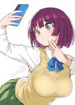  1girl bent_over bob_cut bosshi breasts cellphone commentary_request futabu green_eyes green_skirt highres holding holding_phone large_breasts niimura_akane phone pleated_skirt purple_hair selfie signature skirt smartphone solo sweater_vest v yellow_sweater_vest 