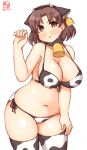  1girl alternate_costume animal_ears animal_print artist_logo bell bikini breasts brown_eyes brown_hair chiyoda_(kantai_collection) cleavage commentary_request cow_ears cow_horns cow_print cowbell cowboy_shot dated ear_tag fake_animal_ears fake_horns front-tie_top highres horns kanon_(kurogane_knights) kantai_collection large_breasts looking_at_viewer short_hair simple_background solo standing swimsuit thighhighs white_background white_bikini white_legwear 