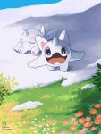  animal_focus artist_name blue_eyes bright_pupils cetoddle chikafuji closed_eyes colored_skin commentary_request from_above grass highres looking_at_viewer no_humans open_mouth outdoors pokemon pokemon_(creature) sitting smile snoq twitter_username white_pupils white_skin 