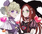  2girls blonde_hair chocolat_meilleure commentary gloves green_hair hat heart heart_pendant jewelry looking_at_viewer mini_hat multiple_girls orange_hair pendant puffy_short_sleeves puffy_sleeves puracotte purple_eyes short_sleeves sidelocks simple_background smile sugar_sugar_rune tears vanilla_mieux white_background 