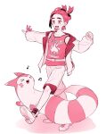  &gt;_&lt; 1boy clenched_hand full_body furret gloves jacket kieran_(pokemon) kyo_zyaku long_sleeves male_focus mole mole_on_neck monochrome multicolored_hair musical_note open_clothes open_jacket open_mouth partially_fingerless_gloves pokemon pokemon_(creature) pokemon_sv red_theme shoes shorts simple_background single_glove socks tank_top 