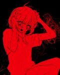  1girl absurdres blood blood_on_face bunching_hair fangs hair_between_eyes hanataro_(sruvhqkehy1zied) hands_on_own_head highres messy_hair monochrome open_mouth original red_theme shirt short_hair_with_long_locks short_sleeves simple_background solo sweat tears 