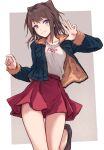  1girl :d alternate_costume bang_dream! black_footwear blue_jacket border breasts brown_hair clothes_writing collarbone cone_hair_bun furukawa_wanosuke grin hair_bun hair_ornament highres jacket long_sleeves looking_at_viewer medium_breasts medium_hair miniskirt multicolored_clothes multicolored_jacket open_clothes open_jacket red_skirt shirt sidelocks skirt smile solo star_(symbol) star_hair_ornament toyama_kasumi two-tone_jacket white_border white_shirt 