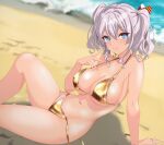  1girl arm_support beach bikini blue_eyes breasts commentary_request from_side gold_bikini grey_hair hair_between_eyes hair_ribbon halterneck hand_up highres kantai_collection kashima_(kancolle) knee_up large_breasts long_hair looking_at_viewer navel nitamako_(sakamalh) ocean open_mouth outdoors reclining ribbon side-tie_bikini_bottom sidelocks sitting solo stomach swimsuit tan twintails untied_bikini untied_bikini_bottom variant_set wavy_hair 