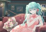  1girl absurdres antique_phone aqua_eyes aqua_hair armband bare_shoulders blush bouquet bow bowtie braid breasts candelabra candle candlestand cleavage couch dress flower frilled_dress frills grin hair_between_eyes hair_ornament hair_ribbon happy_birthday hatsune_miku highres indoors long_dress long_hair looking_at_viewer medium_breasts on_couch parted_lips picture_frame pink_bow pink_bowtie pink_corset pink_dress pink_flower pink_rose plant ribbon rose sidelocks sitting smile solo twintails vase vocaloid white_flower wristband zhi_nian 