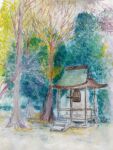  bell colored_pencil_(medium) forest gong highres nature no_humans original pcpqapfxcw0ky8w scenery shelter traditional_media tree 