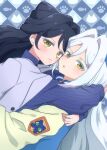  +_+ 2girls black_hair blue_background blue_sweater chii_(chi_pppuri) closed_mouth commentary_request frown hair_intakes highres hug jacket kiratto_pri_chan long_hair long_sleeves looking_at_viewer luluna_(pri_chan) multiple_girls open_mouth outline pretty_series siblings sisters solulu sweater twins upper_body white_hair white_outline yellow_eyes 