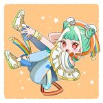  1girl :d blue_pants blunt_bangs border bracelet capelet chii_(chi_pppuri) chimumu cone_hair_bun double_bun floating full_body green_hair hair_bun hand_up hat jewelry looking_at_viewer multicolored_hair open_mouth outstretched_arm pants pretty_series shoes short_hair sidelocks smile sneakers solo star_(symbol) star_sticker sticker_on_face streaked_hair waccha_primagi! white_border white_capelet white_footwear white_hair wristband 