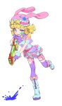  1girl animal_hat blonde_hair blue_footwear boots dress fingerless_gloves fugota6509 full_body gloves gun half-closed_eye hat heart highres holding holding_gun holding_weapon idol_time_pripara knee_boots looking_at_viewer multicolored_clothes multicolored_dress open_mouth paint paint_on_body paint_on_clothes paint_splatter paint_splatter_on_face pink_headwear pink_shorts pretty_series pripara purple_eyes purple_gloves purple_scarf rabbit_hat ringlets running scarf short_hair short_sleeves shorts simple_background solo standing standing_on_one_leg star_(symbol) sweatdrop water_gun weapon white_background yumekawa_yui 