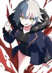  1girl absurdres ahoge black_coat black_dress blood coat commentary_request dress fate/grand_order fate_(series) fur-trimmed_coat fur-trimmed_sleeves fur_trim highres jeanne_d&#039;arc_alter_(fate) jeanne_d&#039;arc_alter_(ver._shinjuku_1999)_(fate) long_sleeves nonoitou110 official_alternate_costume open_clothes open_coat short_dress short_hair simple_background smile solo white_background white_hair yellow_eyes 