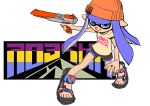  1girl beanie black_shorts blue_eyes blue_hair closed_mouth commentary_request dolphin_shorts full_body gun hat highres hiking_sandals holding holding_gun holding_weapon inkling inkling_girl inkling_player_character long_hair n-zap_(splatoon) orange_headwear pointy_ears print_shirt sandals shirt shorts simple_background smile solo splatoon_(series) splatoon_3 tentacle_hair weapon white_background xdies_ds yellow_shirt 