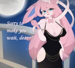 absurd_res anthro awintermoose big_breasts biped blue_eyes blush breasts cleavage clothed clothing curvy_figure dialogue eeveelution english_text female generation_6_pokemon hair hi_res light long_hair looking_at_viewer meme meme_clothing moon moonlight night nintendo open_mouth open_smile outside pink_hair pokemon pokemon_(species) ribbons_(anatomy) smile solo sylveon text voluptuous white_body