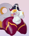 anthro areola big_breasts black_hair blindfold breasts crouching curvy_figure featureless_crotch female hair hi_res huge_breasts huge_thighs hyper hyper_thighs long_hair multicolored_body navel nipples nude odisia purple_body scalie slightly_chubby solo thick_thighs voluptuous white_body wide_hips yellow_areola yellow_body yellow_nipples