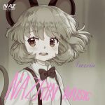  1girl animal_ears bangs blush bow bowtie character_name commentary_request cosplay grey_background grey_hair iris_anemone long_sleeves mouse_ears mouse_tail muted_color nazrin open_mouth parody red_eyes shirt short_hair solo suspenders sweetest_music tail takeuchi_mariya touhou upper_body white_shirt 