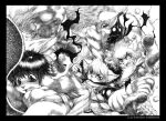 anthro backsack balls biped blush clothed clothing fight fur genitals greyscale group hair hindpaw kick male mammal marudi monochrome paws tearing_clothing torn_clothing traditional_media_(artwork)