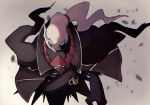  ashita_mo black_coat blue_eyes claws clothed_pokemon coat commentary_request darkrai floating grey_background looking_at_viewer mask pokemon pokemon_(creature) white_hair 