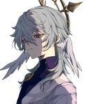  1boy closed_mouth earrings grey_hair hair_between_eyes halo head_wings honkai:_star_rail honkai_(series) jewelry looking_at_viewer male_focus medium_hair n_7 shirt simple_background solo sunday_(honkai:_star_rail) white_background white_wings wings yellow_eyes 