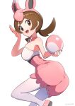  1girl absurdres alternate_costume animal_ears bare_shoulders breasts brown_hair commentary_request cosplay egg gonzarez highres holding holding_egg large_breasts long_hair looking_at_viewer lyra_(pokemon) pantyhose playboy_bunny pokemon pokemon_egg pokemon_hgss simple_background solo white_background white_pantyhose wigglytuff wigglytuff_(cosplay) 