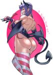  1girl animal ass breasts demon_girl demon_horns demon_tail elbow_gloves evil_smile from_behind gloves holding holding_animal horns juaag_acgy original purple_hair red_eyes sideboob smile snake striped_clothes tail thighhighs 