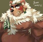  ainu_clothes animal_ears armpit_hair armpit_hair_peek bara bear_boy bear_ears belly brown_fur chest_hair chest_tuft facepaint fat fat_man furry furry_male green_eyes headband highres huge_eyebrows kimun_kamui_(housamo) large_pectorals looking_at_viewer male_focus muscular muscular_male nipples pectorals scar scar_on_face scar_on_mouth tokyo_afterschool_summoners tusks upper_body white_hair yazoe 