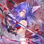  1girl acheron_(honkai:_star_rail) asymmetrical_gloves bare_shoulders black_gloves breasts commentary_request gloves gradient_hair grey_hair hair_over_one_eye holding holding_sword holding_weapon honkai:_star_rail honkai_(series) katana large_breasts long_hair melailai multicolored_hair partial_commentary purple_eyes purple_hair solo sword upper_body very_long_hair weapon 