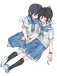  2girls beamed_eighth_notes black_hair black_socks blue_footwear blue_neckerchief blue_sailor_collar blue_skirt closed_eyes commentary feathers full_body hashtag-only_commentary heads_together hibike!_euphonium highres holding_hands kasaki_nozomi kitauji_high_school_uniform kneehighs liz_to_aoi_tori long_hair molu_stranger multiple_girls musical_note neckerchief open_mouth pleated_skirt ponytail sailor_collar school_uniform serafuku shirt short_sleeves simple_background sitting skirt smile socks watch white_background white_shirt wristwatch yoroizuka_mizore yuri 