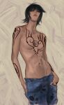  1girl arm_tattoo black_hair blue_pants chest_tattoo denim earrings genderswap genderswap_(mtf) highres jeans jewelry linerynlasgalen one_piece pants short_hair shoulder_tattoo simple_background tattoo topless trafalgar_law yellow_eyes 