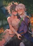  1boy 1girl absurdres after_kiss assertive_female blue_hair blush branch breasts bulge byefrog chest_sarashi cleavage corrin_(fire_emblem) corrin_(male)_(fire_emblem) corrin_(male)_(halloween)_(fire_emblem) covered_nipples crotch_grab fire_emblem fire_emblem_fates fire_emblem_heroes hairband halloween hetero highres jack-o&#039;-lantern nipple_stimulation nipple_tweak nipple_tweak_through_clothes official_alternate_costume pointy_ears pumpkin saliva saliva_trail sarashi setsuna_(fire_emblem) white_hair 