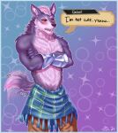 2024 abs anthro armor biceps blue_border blush border bottomwear bracers canid canine canis claws clothed clothing colored crossed_arms dialogue dialogue_box digital_drawing_(artwork) digital_media_(artwork) embarrassed english_text foreskin fur fuzzy gameplay_mechanics genitals govil_(unicorn_overlord) hair hi_res kilt looking_away male mammal multicolored_body muscular muscular_anthro muscular_male mythological_canine mythological_creature mythology navel open_mouth pants partially_clothed penis red_eyes shaded shon_arts signature simple_background solo speech_bubble standing tail tail_motion tailwag teeth text topless two_tone_body unicorn_overlord vanillaware were werecanid werecanine werewolf wolf