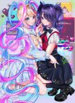  2girls ame-chan_(needy_girl_overdose) black_hair blue_eyes blush chouzetsusaikawa_tenshi-chan dolphinjet dual_persona expressionless highres holding_hands looking_at_viewer multicolored_hair multicolored_nails multiple_girls needy_girl_overdose parted_lips pien_cat_(needy_girl_overdose) purple_eyes quad_tails school_uniform serafuku skirt smile squatting twintails window_(computing) 