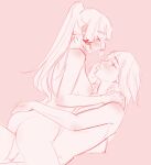  286456006 2girls absurdres ass blush breasts completely_nude eye_contact from_side genshin_impact highres hug kamisato_ayaka long_hair looking_at_another medium_breasts monochrome multiple_girls nipples nude parted_lips pink_background pink_theme ponytail simple_background sketch straddling yuri 
