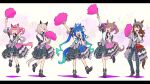  5girls :d ^_^ ahoge animal_ears aqua_hair arm_up beanie black_footwear black_jacket blue_hair boots bow brown_hair checkered_bow checkered_clothes closed_eyes commentary_request crossed_bangs curren_chan_(umamusume) ear_bow ear_covers ears_through_headwear frilled_sleeves frills green_skirt grey_bow hair_bow hairband hand_fan hand_up haru_urara_(umamusume) hat heel_up highres holding holding_microphone horse_ears horse_girl horse_tail jacket leg_up letterboxed long_hair looking_at_viewer microphone multicolored_hair multiple_girls nakayama_festa_(umamusume) official_alternate_costume one_eye_closed open_mouth orange_eyes outstretched_arm pants pink_bow plaid plaid_pants plaid_skirt purple_bow purple_eyes sawa2neko sharp_teeth sidelocks skirt smart_falcon_(umamusume) smile sparkle splendor_of_onyx_(umamusume) standing standing_on_one_leg striped_bow tail teeth twin_turbo_(umamusume) twintails two-tone_hair umamusume very_long_hair white_background 