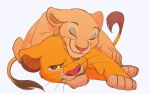  animal brown_eyes closed_eyes colored_sclera cub highres lion looking_to_the_side lying_on_another nala_(the_lion_king) no_humans sasamaru_lion simba simple_background smile the_lion_king white_background yellow_sclera 