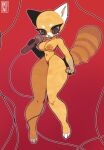  aggressive_retsuko ailurid anthro big_breasts breasts female fur genitals grey_eyes hi_res holding_microphone holding_object looking_down mammal microphone mythruna nipples nude pussy red_background red_panda retsuko sanrio signature simple_background solo standing thick_thighs wide_hips 