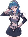  1girl blue_eyes blue_hair breasts byleth_(fire_emblem) byleth_(fire_emblem)_(female) eyebrows_visible_through_hair fire_emblem fire_emblem:_three_houses garreg_mach_monastery_uniform glasses gloves hair_between_eyes hand_on_hip headband large_breasts long_sleeves looking_at_viewer mano_(m1n0f2e1) medium_hair simple_background solo standing twitter_username watermark white_background 