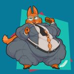 absurd_res anthro belly big_belly burger bursting_out_of_clothing canid canine catboyz clothed clothing diane_foxington digital_media_(artwork) dreamworks eyebrow_piercing eyewear facial_piercing female food fox fur gesture glasses hand_gesture hi_res huge_belly ill_fitting_clothing looking_at_viewer mammal morbidly_obese morbidly_obese_anthro morbidly_obese_female obese obese_anthro obese_female open_mouth orange_body orange_fur overweight overweight_anthro overweight_female piercing pointing pointing_at_viewer simple_background solo suit tail text the_bad_guys thick_thighs tight_clothing topwear true_fox