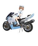  1girl bare_legs blanc_(neptunia) blue_eyes blush boots brown_hair character_name dress expressionless from_side frown full_body goggles goggles_on_head hair_between_eyes hand_up hat highres looking_at_viewer looking_back medium_hair motor_vehicle motorcycle neptune_(series) official_art on_motorcycle promotional_art short_sleeves solo straddling white_dress 