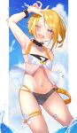  1girl adapted_costume aged_up alternate_hairstyle arm_up ass_visible_through_thighs asymmetrical_clothes asymmetrical_hair bikini blonde_hair blue_eyes braid breasts choker frilled_bikini frilled_choker frills from_below inubangarou kagamine_rin looking_at_viewer navel open_mouth outside_border see-through side_braid sky smile solo swept_bangs swimsuit thigh_strap vocaloid water 