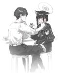  1boy 1girl absurdres animal_ears blue_archive blush cake cake_slice cat_ears commentary_request cup eating eshineko extra_ears food food_on_face halo hetero highres kazusa_(blue_archive) long_sleeves looking_at_another monochrome one_eye_closed pantyhose sensei_(blue_archive) short_hair simple_background sitting sketch spot_color 