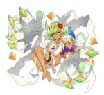  1girl anklet ark_order ba_(ark_order) bandaged_leg bandages barefoot bird blue_capelet bracelet capelet dango_remi dark-skinned_female dark_skin disembodied_limb facial_mark flat_chest flower full_body gold_trim green_eyes green_hair hair_flower hair_ornament head_wings highleg highleg_leotard jewelry leotard lightning looking_at_viewer mummy necklace official_art pyramid_(structure) red_flower sidelocks solo thighlet tiara transparent_background two-sided_capelet two-sided_fabric white_capelet white_leotard wings 