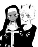  2girls breasts cleavage dark-skinned_female dark_skin enrico_pucci genderswap genderswap_(mtf) greyscale habit hand_on_own_hip horns jojo_no_kimyou_na_bouken medium_breasts monochrome multiple_girls nun sempon_(doppio_note) siblings sisters stone_ocean v-shaped_eyebrows weather_report 